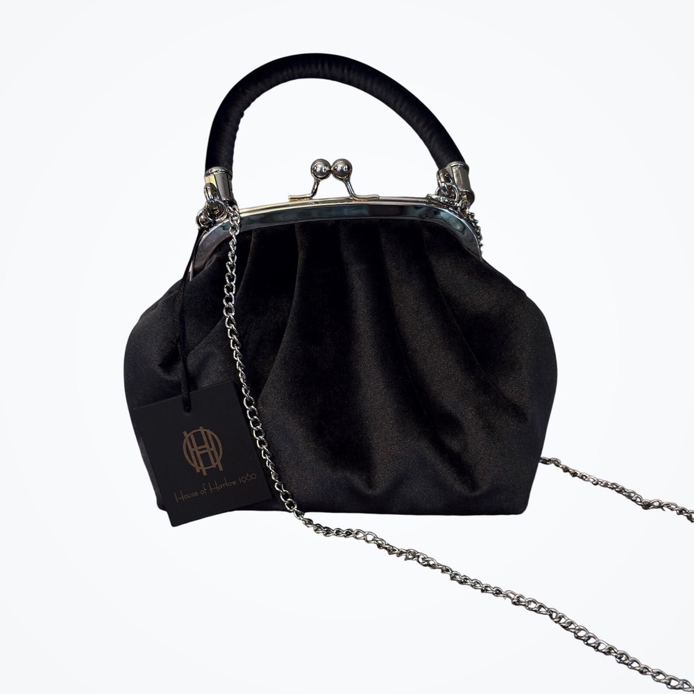 House of‎ Harlow 1960 Black velvet Kiss Lock Top Handle Clutch Crossbody NWT